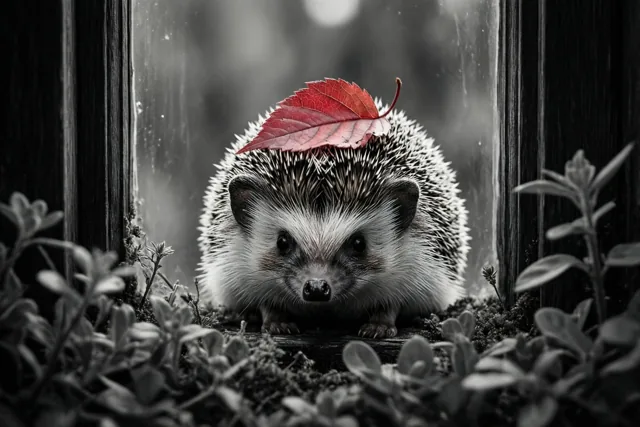 Een egel kijkt van achter houten planken met een rood blad als een hoedje op zijn stekels, terwijl de rest van het beeld in grijstinten is weergegeven.