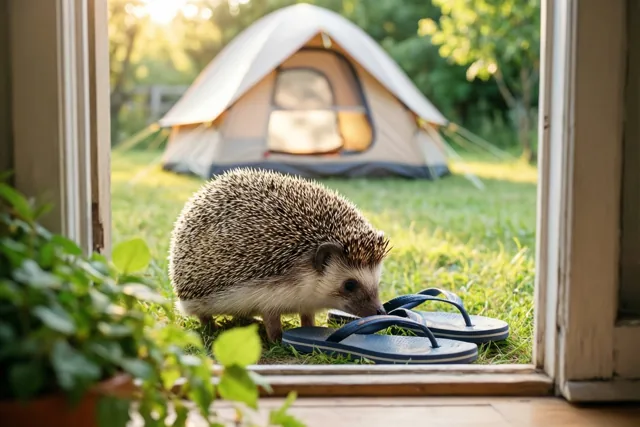 Een egel snuffelt aan blauwe teenslippers in het gras, gezien door een deuropening met een tent op de achtergrond in goudkleurig avondlicht.