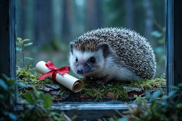 Een egel zit naast een opgerold diploma met rood lint op een bemoste boomstam in een bos, omlijst door een raamachtige rand in blauwgroene tinten.