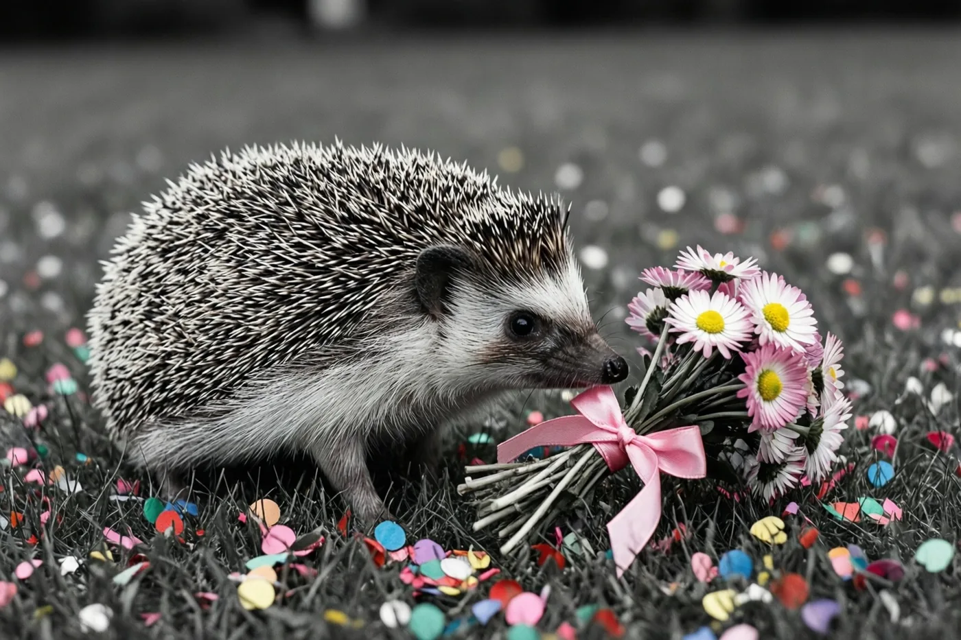 Een egel snuffelt op het gras aan een klein boeket margrieten met een roze lint tussen kleurrijke confetti, in een beeld met selectieve kleuraccenten.