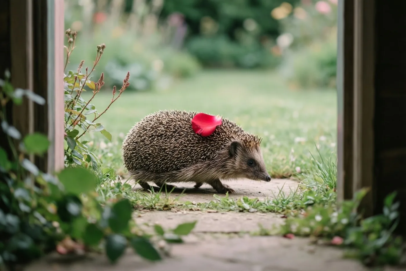 Door een houten deuropening is een egel met een rood rozenblaadje op zijn rug te zien op een stenen pad in een groene tuin met zacht daglicht.