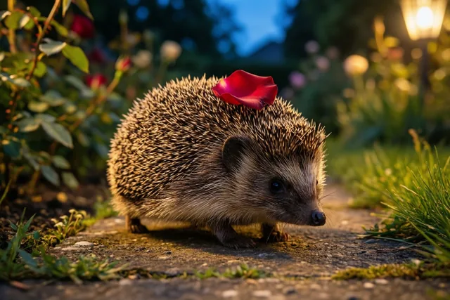 Een egel met een rood rozenblaadje op zijn rug loopt bij schemering over een tuinpad in warm goudkleurig licht, met groen en wazige bloemen rondom.