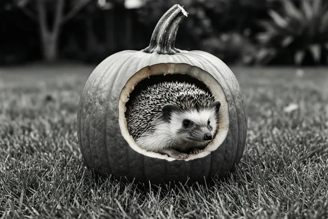 Een egel met stekels gluurt uit een uitgeholde pompoen op een grasveld, op een zwart-witfoto.