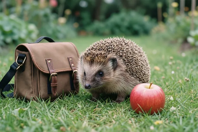 Een egel staat op groen gras naast een bruine boekentas en een rode appel, met wazig tuingroen op de achtergrond.