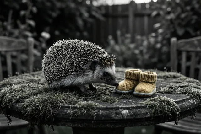 Een egel snuffelt bij kleine gebreide slofjes op een bemoste tuintafel bij schemering, in een verder monochroom beeld met warmgele slofjes.