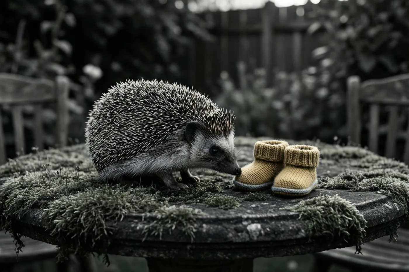 Een egel snuffelt bij kleine gebreide slofjes op een bemoste tuintafel bij schemering, in een verder monochroom beeld met warmgele slofjes.