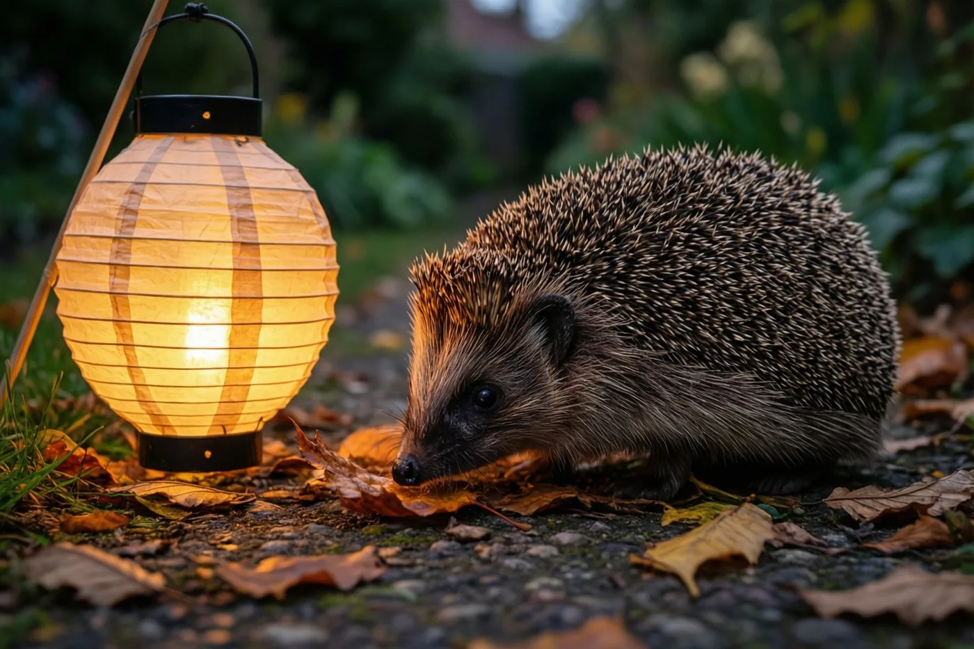 Een egel snuffelt tussen gevallen herfstbladeren op een tuinpad naast een brandende papieren lampion in de schemering.