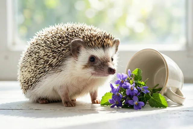 Een kleine egel zit op een witte houten ondergrond naast een boeketje paarse viooltjes en een omgevallen keramieken mok, met helder daglicht van een raam op de achtergrond.