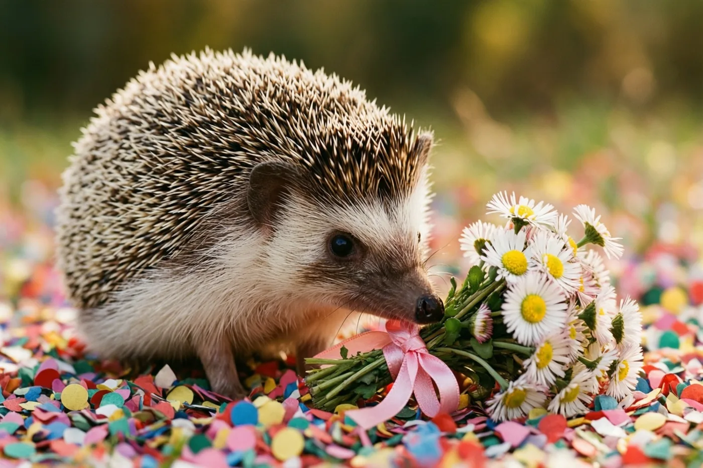 Een egel snuffelt buiten aan een klein boeket margrieten met een roze lint, tussen kleurrijke confetti op de grond tegen een onscherpe natuurlijke achtergrond.