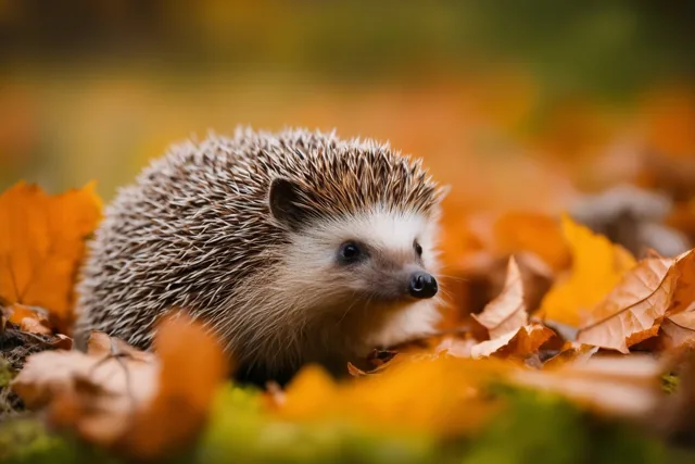 Een egel met bruine en witte stekels zit tussen oranje en gele herfstbladeren in een tuin, met onscherp gebladerte op de achtergrond.