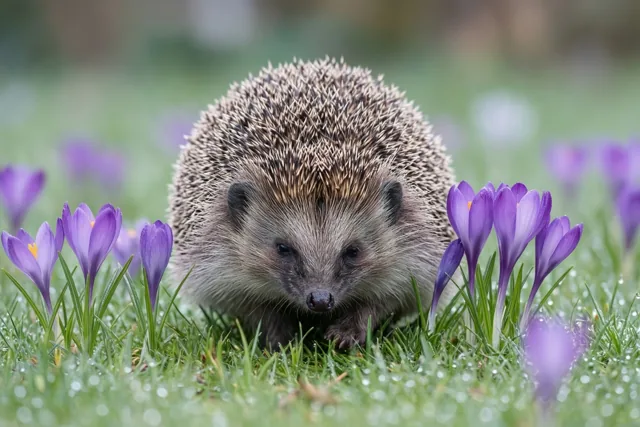 Een egel komt tevoorschijn uit bedauwd gras tussen bloeiende paarse krokussen in een tuin met een onscherpe achtergrond.