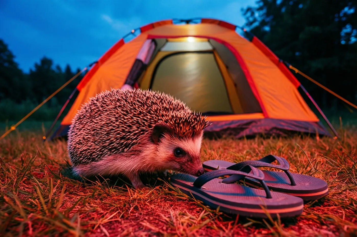 Een egel snuffelt aan teenslippers in het gras voor een oranje tent die vanbinnen warm verlicht is, onder een blauwe schemerlucht.
