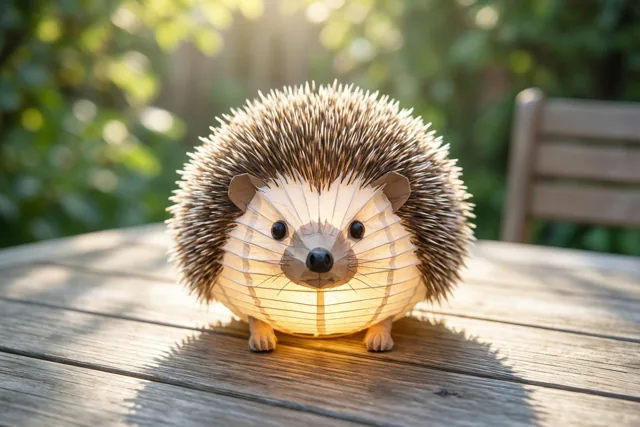 Een vanbinnen verlichte papieren egellantaarn staat op een houten tuintafel, met onscherp groen en zonlicht op de achtergrond.