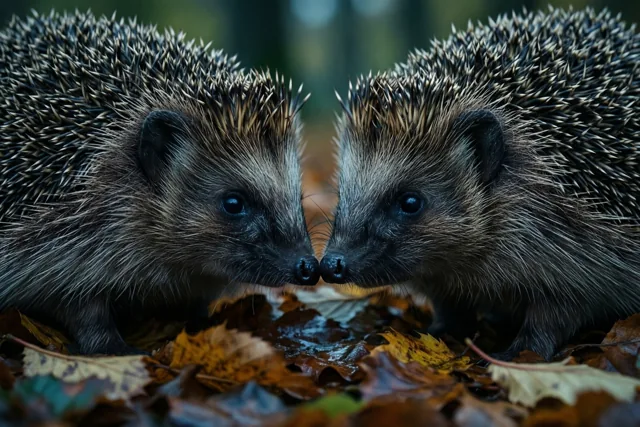 Twee egels staan in close-up neus aan neus tussen gevallen herfstbladeren in een bos.