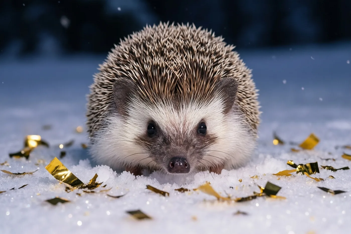 Een egel met bruine en witte stekels zit 's nachts in de sneeuw tussen gouden confetti, tegen een donkerblauwe achtergrond.