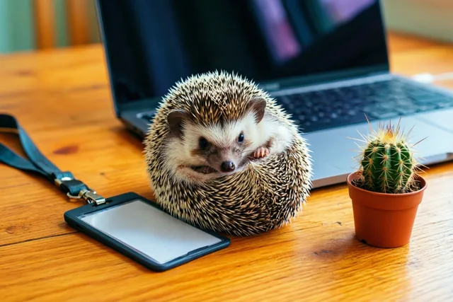 Een klein egeltje ligt opgerold op een houten bureau naast een blanco badge aan een halskoord en een cactus, met een laptop erachter in warme tinten.