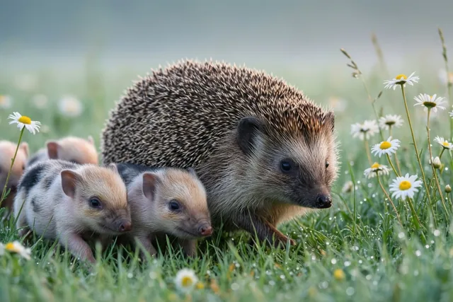 Een moederegel loopt met haar kleine jongen door bedauwd groen gras met witte madeliefjes bij het aanbreken van de dag.