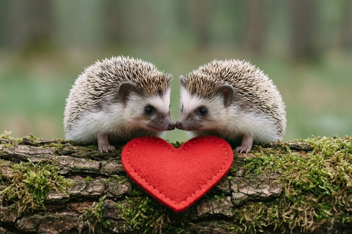 Twee jonge egeltjes zitten neus aan neus rond een rood vilten hart op een bemoste boomstam, met een wazig bos op de achtergrond.
