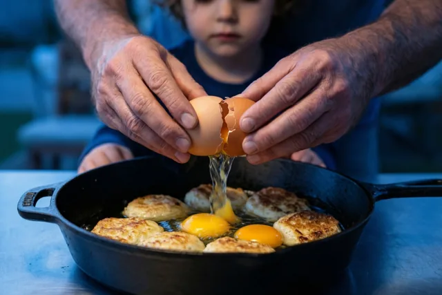 Handen van een volwassene breken een ei boven een gietijzeren pan met kleine gebakken schijfjes, met een kindergezicht op de achtergrond in koele blauwtinten.