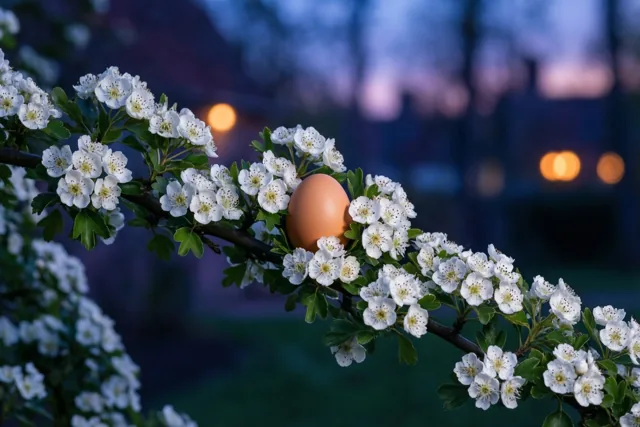 Een bruin ei ligt tussen witte meidoornbloesems tegen een schemerlucht met wazige stadslichtjes op de achtergrond.