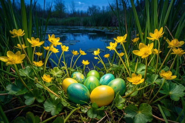 Geel en groen beschilderde eieren liggen tussen gele dotterbloemen aan de rietkant van een rustige blauwe vijver onder een schemerlucht.