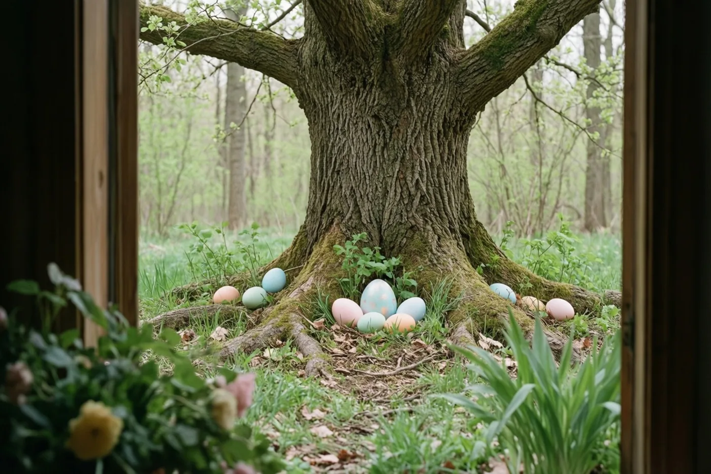 Door een raam met een houten omlijsting zijn beschilderde paaseieren te zien tussen de bemoste wortels van een oude eik in een lentebos.