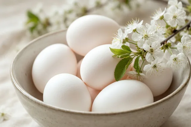 Een keramieken kom met witte eieren en een takje witte bloesems staat op een zachte, lichte stof tegen een onscherpe achtergrond.