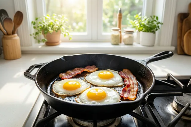 Het ontbijt staat te bakken