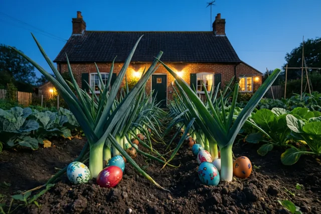 Beschilderde paaseieren liggen tussen rijen prei in een moestuin achter een bakstenen hoeve met warm verlichte ramen onder een diepblauwe schemerlucht.