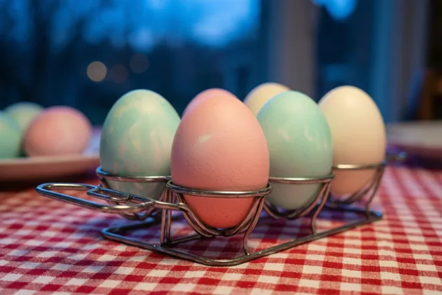 Een retro eierhouder van metaaldraad met meerdere pastelkleurige paaseieren staat op een rood-wit geruit tafelkleed tegen een zacht onscherpe blauwe achtergrond.