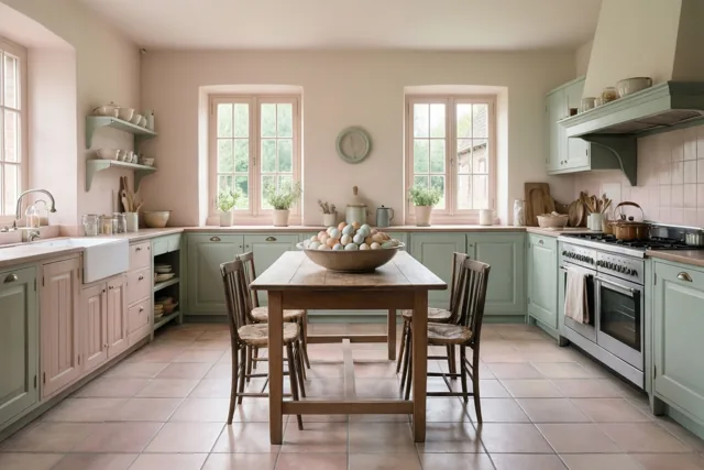 Een grote kom geverfde eieren staat op de centrale houten tafel in een boerenkeuken met lichtgroene kasten, rozeachtige muren en terracottategels.