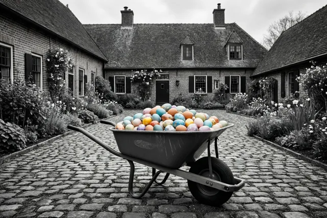 Een kruiwagen vol felgekleurde paaseieren staat op een gekasseid erf voor een bakstenen hoeve, waarbij alles behalve de eieren in zwart-wit is weergegeven.