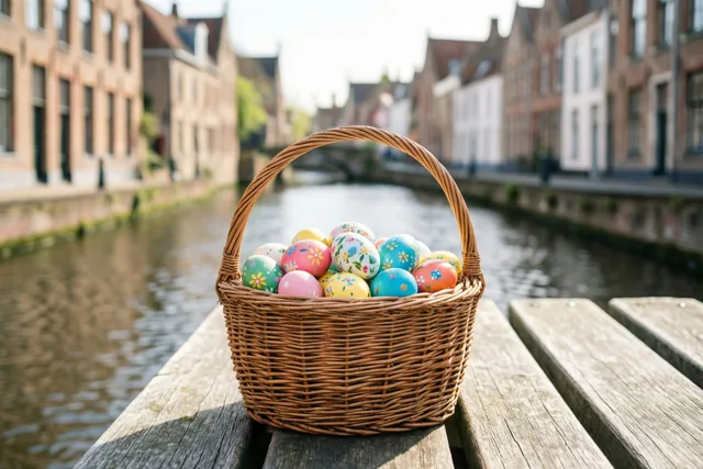 Een rieten mand met kleurrijk beschilderde paaseieren staat op een verweerde houten bank naast een kanaal met oude bakstenen gebouwen in helder daglicht.