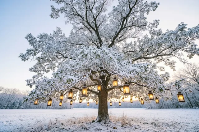 Een grote besneeuwde eik staat bij schemering in een uitgestrekt sneeuwveld, met warm brandende kerstlantaarns aan de onderste takken.