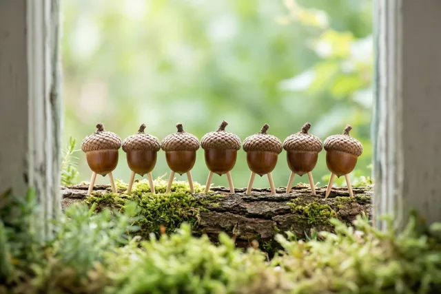 Zeven eikelfiguurtjes met luciferpootjes staan op een bemoste boomstam tussen houten raamachtige constructies, met een wazige groenbruine natuurlijke achtergrond.