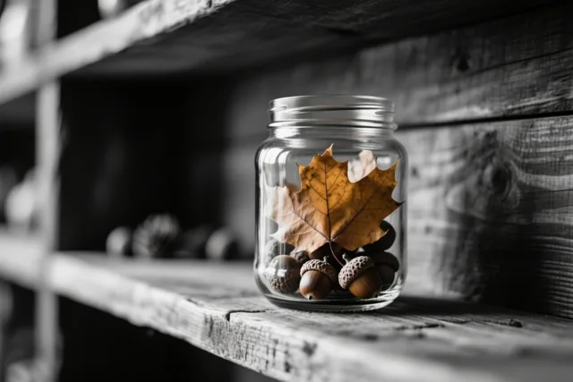 Een glazen pot met eikels en één bruin herfstblad staat op een verweerde houten plank in een verder zwart-wit beeld.