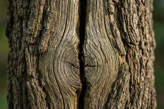 Een oude eikenstam met diepe groeven en een opvallende verticale barst is van dichtbij te zien tegen een onscherpe natuurlijke achtergrond.