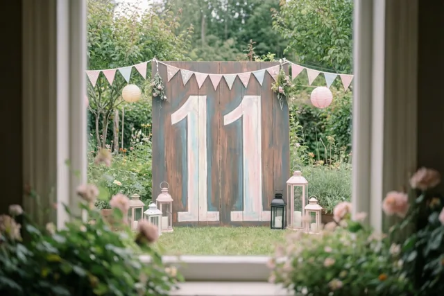Door een raam is een groene tuin zichtbaar met een groot houten bord met 11, versierd met vlaggetjes en lantaarns in zachte pastelkleuren.