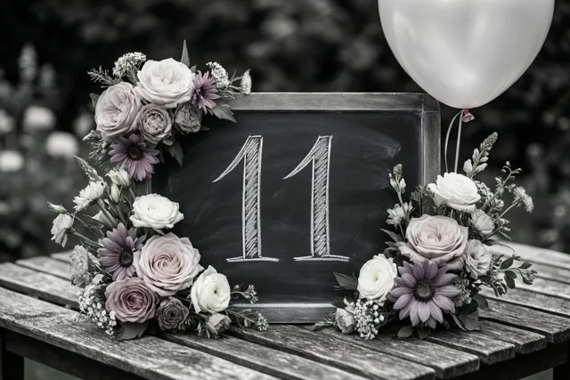 Een krijtbord met 11 in wit krijt staat op een houten tuintafel tussen bloemstukken en een witte ballon.