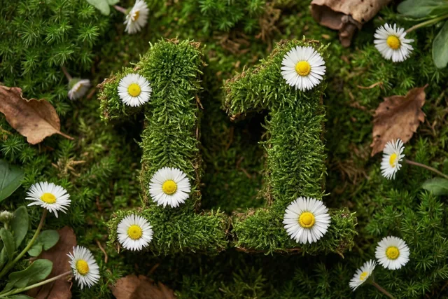 Een met mos begroeide groene haag vormt 11, versierd met witte madeliefjes en omringd door verspreide bruine bladeren in een landelijke tuin.