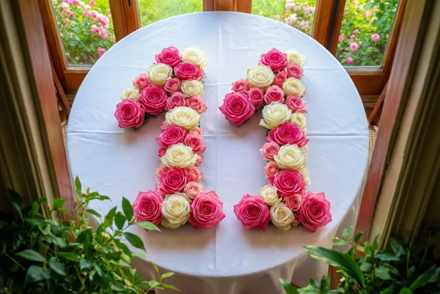 Roze en witte rozen vormen 11 op een wit tafelkleed bij een raam met zicht op groen, van bovenaf gezien.