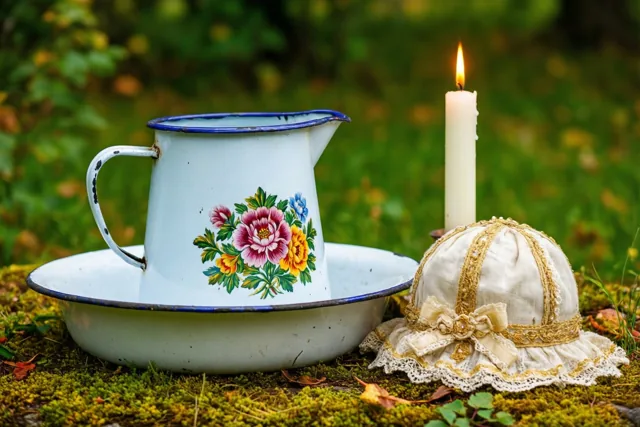 Een oude witte emaille kan met bloemenmotief staat in een bijpassende kom op mos, naast een brandende witte doopkaars en een crèmekleurig doopmutsje met gouden afwerking.