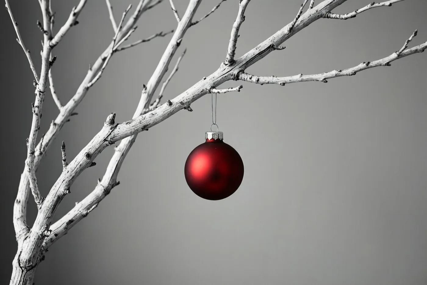 Een enkele rode kerstbal hangt aan een kale witte boomtak voor een effen grijze muur.