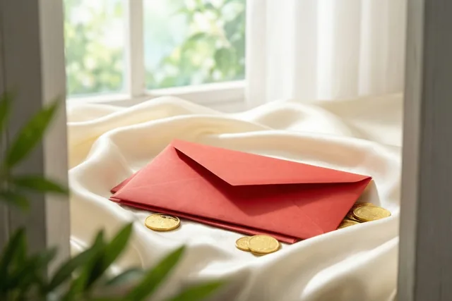 Een rode envelop en gouden munten liggen op crèmekleurige zijde bij een raam in zacht daglicht, omgeven door raamstijlen en groen.