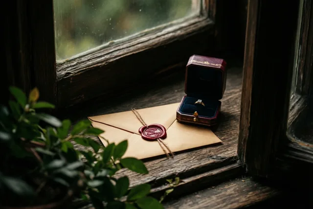 Een bruine envelop met een rood lakzegel ligt op een houten vensterbank naast een open rood doosje met een diamanten ring, in het natuurlijke licht van een schemerige kamer.