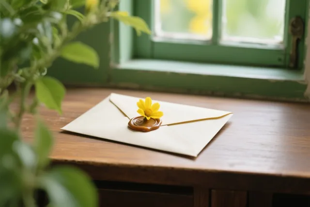 Een crèmekleurige envelop met een bruin lakzegel en een gele geperste bloem ligt op een houten bureau bij een groen geschilderd raam, met groen blad op de voorgrond.