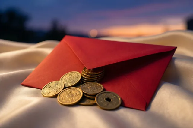 Een rode envelop waar gouden munten uit vallen ligt op crèmekleurige zijde, met een onscherpe schemerlucht in warme en koele tinten op de achtergrond.