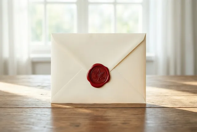 Een crèmekleurige envelop met een rood lakzegel met een bladmotief staat rechtop op een houten tafel voor een zacht verlicht raam met witte gordijnen.