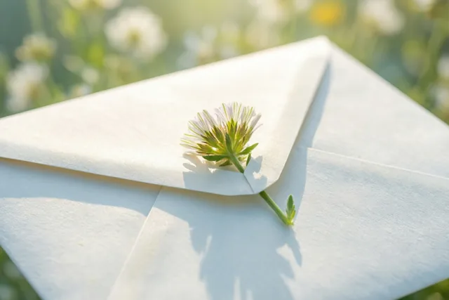 Een witte envelop met een klein bloemetje onder de flap ligt in warm zonlicht tegen een onscherpe achtergrond van groen en witte bloemen.