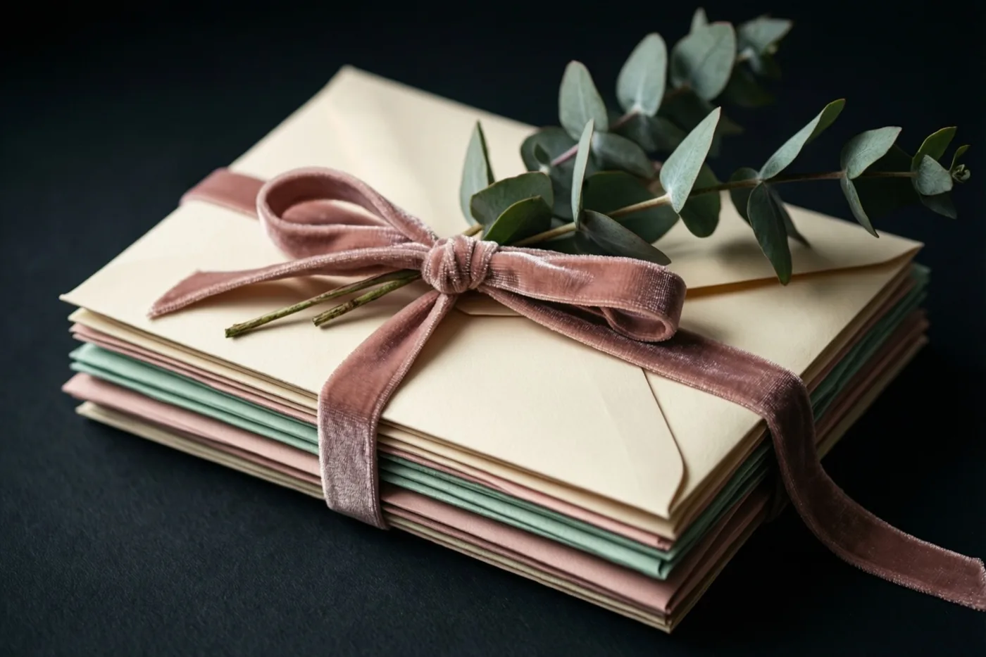Een stapel crèmekleurige enveloppen is samengebonden met een oudroze fluwelen lint en versierd met een takje eucalyptus tegen een donkere achtergrond.